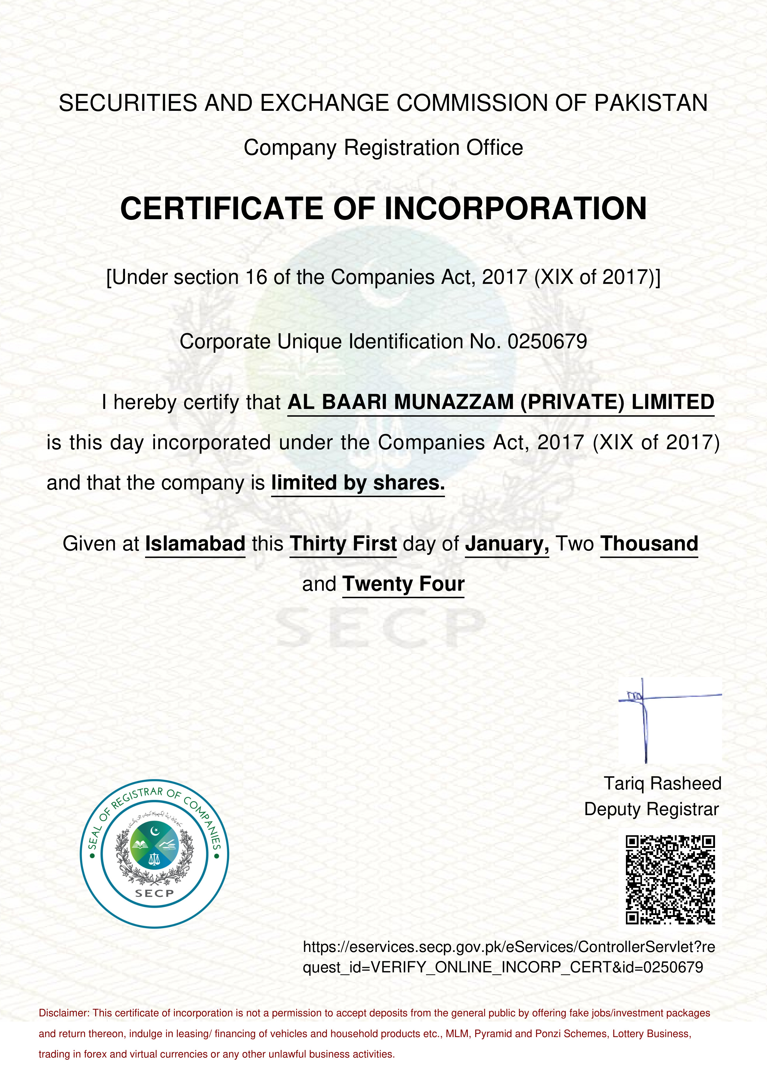Incorporation Certificate