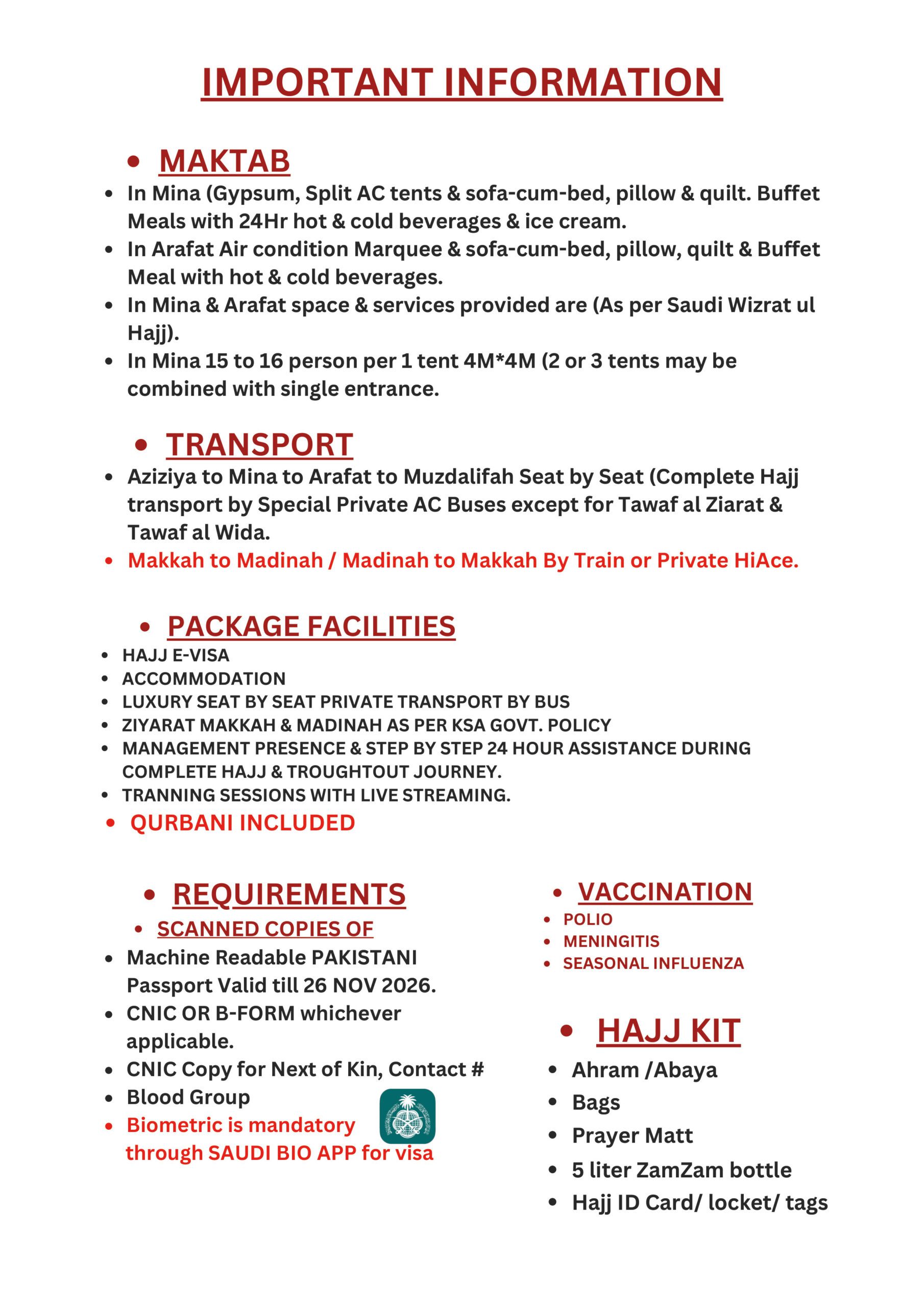 CAF (A CAT) PKR HAJJ PACKAGES 2026-7